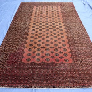 May include: A rectangular, hand-woven rug with a central field of peach and brown floral patterns. The rug features a dark brown border with geometric designs and measures approximately 6 x 9 feet.