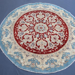5x5 ft Blue Beiege Circul Rug, Afghan Handmade Rug, High Quality Floral Oushak design Oriental Turkmen Rug, Kids Carpet, Rug for living Room