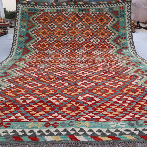 6'10x9'6 ft, Blue Red Afghan Kilim Area Rug / Geometric design Handmade Wool Modern Maimana Kilim Rug/ Flatweave Rug for Bedroom Living Room