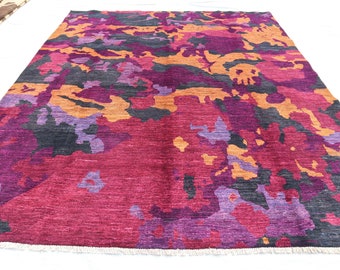 8 x 10 paars rood goud grijs modern vloerkleed, veelkleurig Afghaans handgeknoopt wol Veg dyes abstract tapijt, tapijten voor woonkamer, 8 x 10 slaapkamertapijt