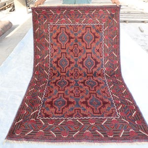4x7 ft Vintage Area Rug, Afghan Handmade veg dyes Wool Area Rug, Red Black Baluchi Area Rug, Tribal Rug, Kids Rug, Authentic Living Room Rug