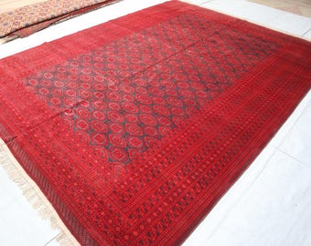 Afghan Antique 10x13 ft Bokhara Rug, Fine Handmade Tribal Rug/ Red Turkmen Handmade Wool Oriental Area Rug-10x13 Rug for Living Room Bedroom