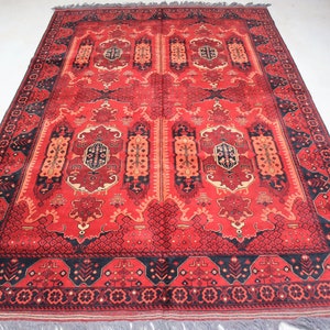 7x10 Afghan Bukhara Vintage fine Quality Handmade Tribal Rug/ Red Black Beige Gold Area rug/ Oriental Rug/ Rug for Bedroom/ Office Dorm Rug
