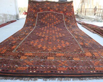 Afghan Kilim Rug 8&#39;8x15&#39;5 ft Handwoven Vintage Flatweave rug, Rusty Red Geometric Afghan Fine Kilim rug, Antique Area rug, Dining Table Rug