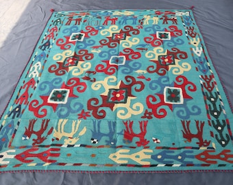 5x6 ft Handmade Multi Color Suzani Kilim, Living Room Rug, Dining Centerpiece Rug, Needle Embroidery Tapestry, Entryway Rug Wall Hanging Rug