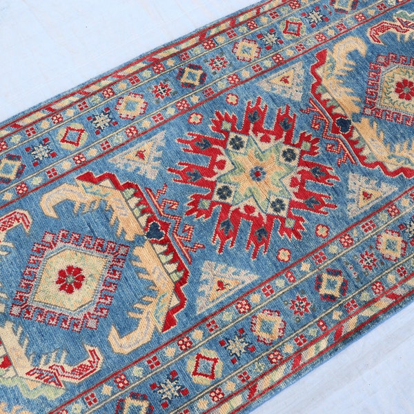 Blue Qazak Rug 3x7 ft/ Turkish Geometric design Runner / Hand-Knotted Wool Multicolor Natural dyes rug / Kitchen Rugs / Hallway Runner Rugs