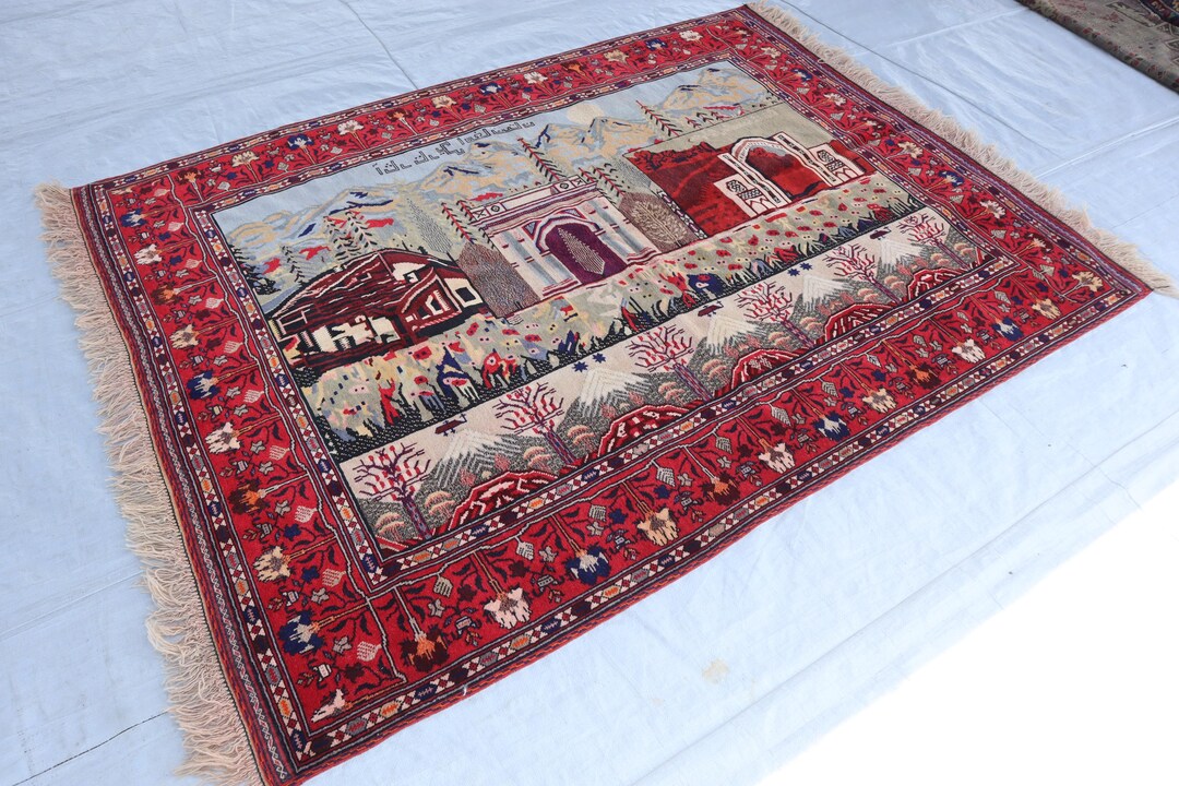 4'7x6'0 ft ヴィンテージ ピクトリアル アフガン ラグ、上質な