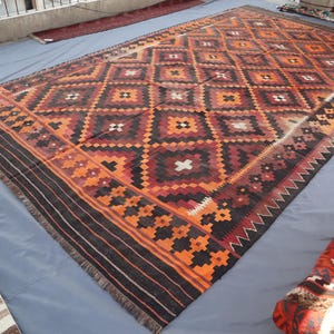 8&#39;8x15&#39;2 ft Large Vintage Rug- Black Orange Kilim Area Rug- Afghan Handmade Wool Rug- Bedroom Living Room Rug- Flatweave Boho Decorative Rug