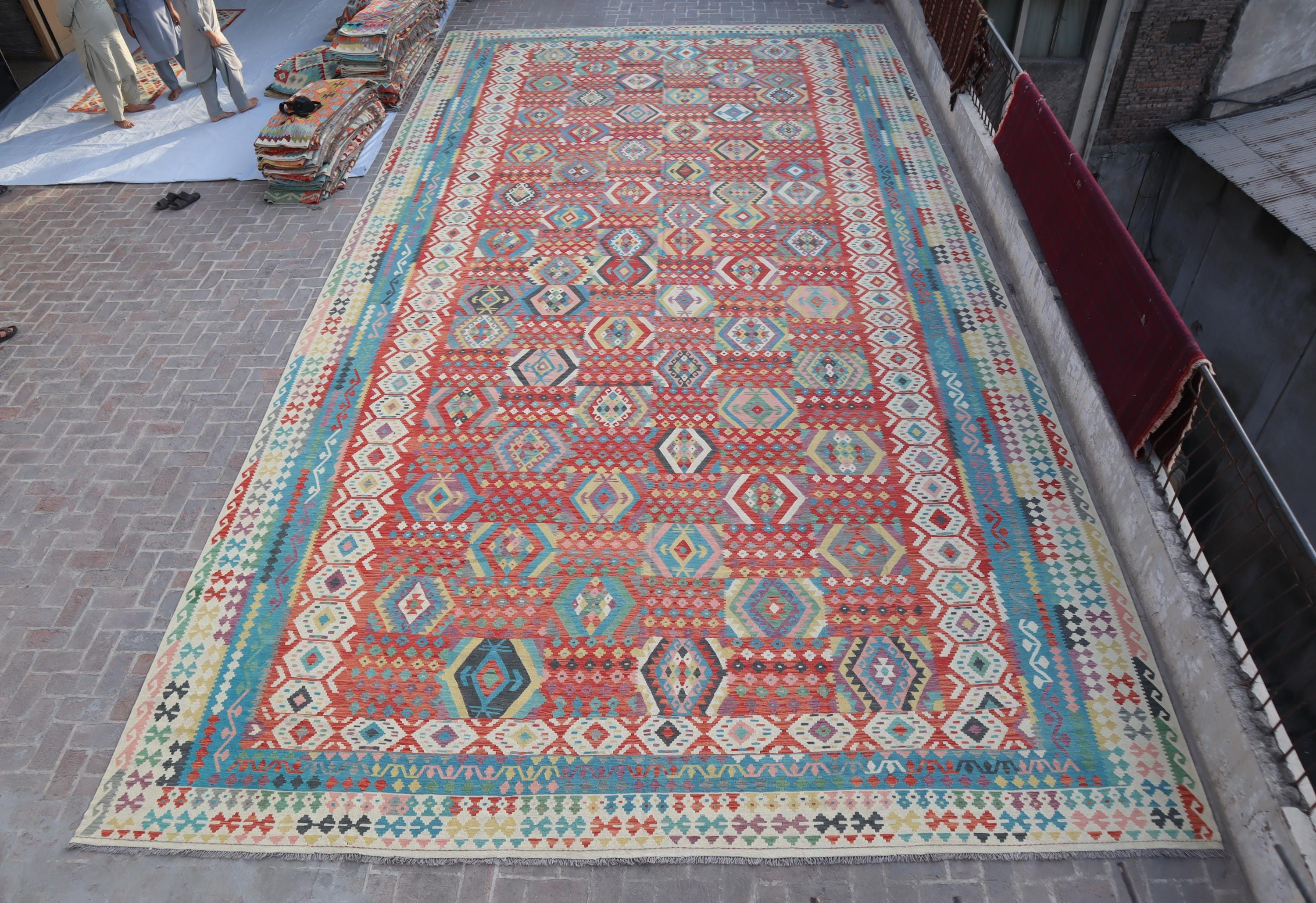 17x32 ft Oversize Kilim Area rug- Afghan Handmade Extra Large Area Rug- Red Beige Geometric design Rug- Rug for Living room-Dining table Rug