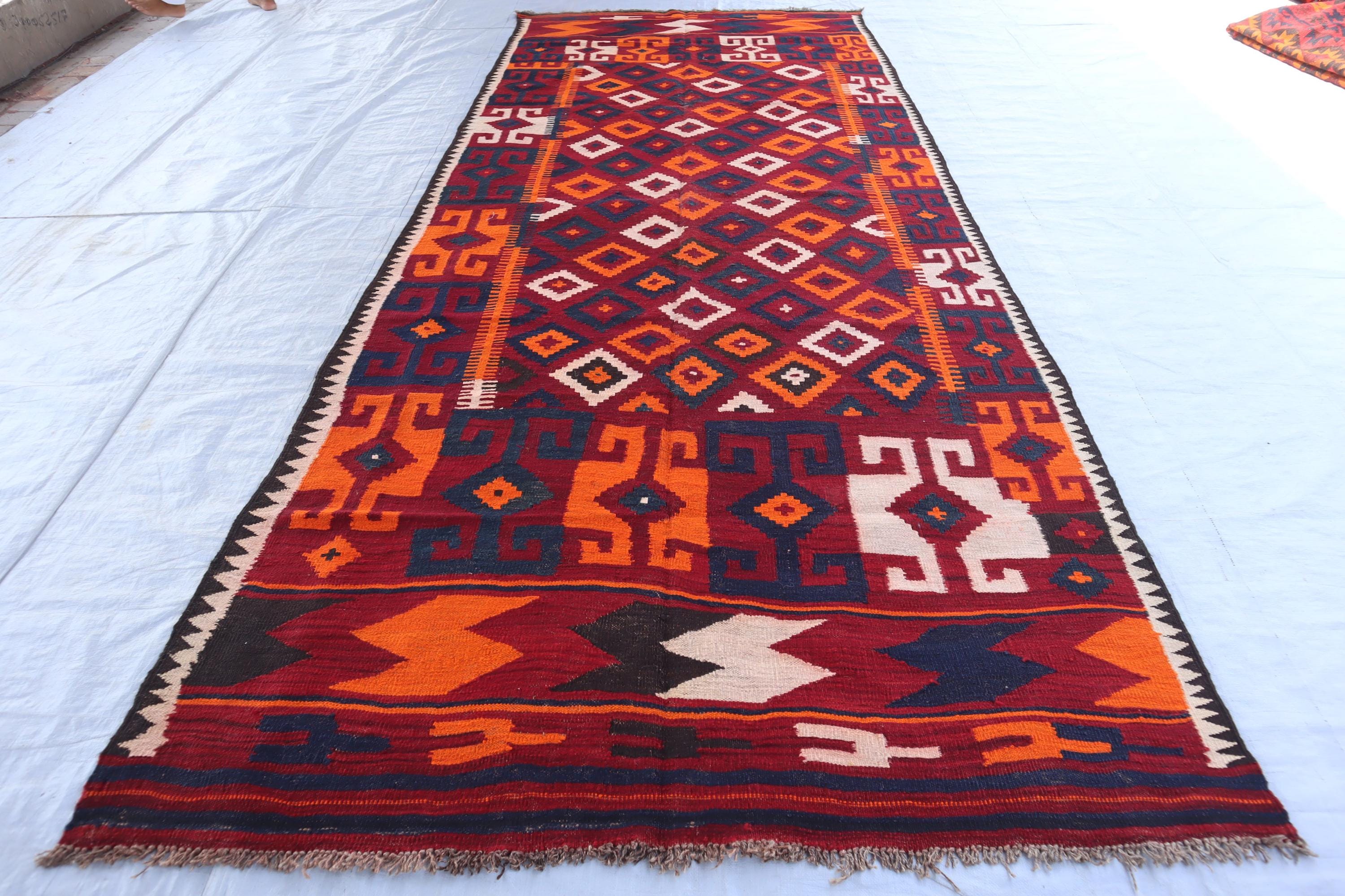 5x13 Afghan Kilim Vintage Runner Rug- 100% Wool Turkmen Geometric