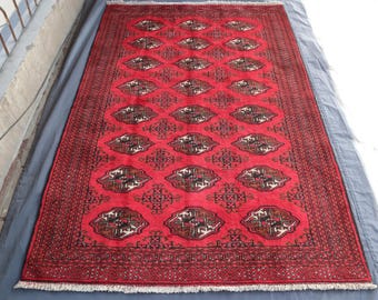 4'4x6'4 ft Antique Turkmen Bukhara Rug, One Of a Kind Afghan Handmade Tekke Rug, Vintage Tribal rug in Excellent Condition, 4x6 Bedroom Rug