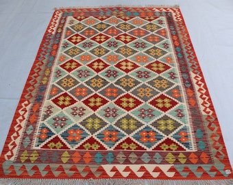 Afghan Kilim 5x7 Area Rug - Multicolor Natural veg dyes Flat weave Wool Area Rug - Afghan Handmade Turkish Style Kilim Rug - 5x7 Bedroom Rug