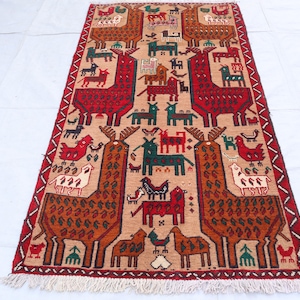 3x5 ft Vintage Beige Pictorial Art Rug, Afghan Hand Knotted Wool Nomadic rug, Animal Bird Printed Baluchi rug, Antique Oriental Bedroom Rug