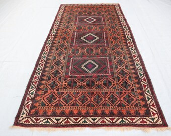 4'5x9'0 Large Vintage Rug 100% Wool Handmade Baluch Area Rug/ Ethnic Turkmen Baluchi Rug/ Authentic Oriental Rug/ Bedroom Office Kitchen Rug