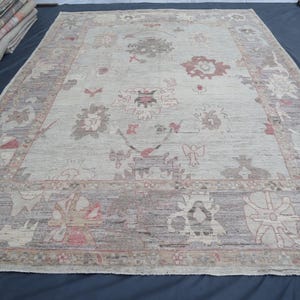 Pezzo da collezione Tappeto 10 x 14 piedi Grande tappeto Oushak in stile turco grigio argento, tappeto floreale in lana annodato a mano afgano, tappeto tribale, tappeti per soggiorno