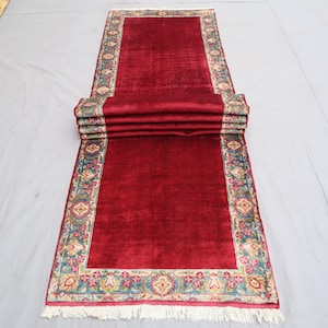 Extra Long Afghan runner rug 3'0x14'2 ft Turkmen hand-made Wool Hallway rug, Tribal rug, Red Blue 90x430 cm Stairs Rug, Long Corridor Rug