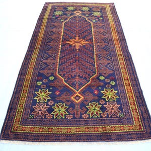 4&#39;0x7&#39;7 ft One of a kind Navy Blue Caucasian Rug - Antique faded Colors Handmade Geometric Rug, Afghan Tribal Vintage Area Rug, Oriental Rug