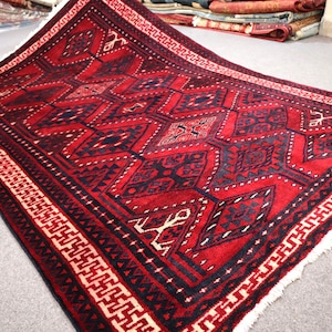 Geometric Antique Rug 5'x8' Afghan Vintage Handmade Wool Rug- Soft Pile Distressed Faded Rug- Oriental Serapi Rug- Kitchen Rug- Bedroom Rugs