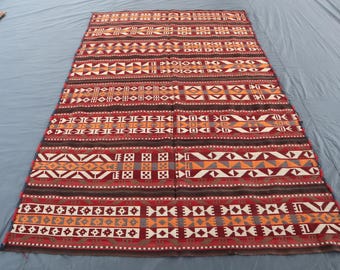1950s Antique Terracotta Kilim Rug 5&#39;0x8&#39;3 ft Afghan Vintage Kilim Rug- 100% Wool Handmade Kilim Rug - Striped Area Rug- Bedroom Kitchen Rug