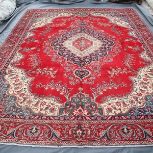 Vintage Tribal Caucasian Rug 9&#39;6x12&#39;2 ft Large Afghan Floral Rug, All Over Design Heriz Rug, Vintage Low Pile Wool Rug, Red Dining Table Rug