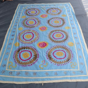 6'2x7'6 ft Blue Suzani Kilim Rug, Vintage Turqouise Suzani, Hand Embroidery Suzani Tapestry, Handmade Wall hanging Decor Rug, Table Cover