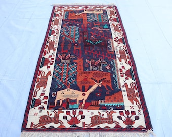 Gray Orange 4x7 ft Vintage Lion Pictorial Rug, Afghan Handmade veg dyes Wool Area rug, Bird Pictorial rug, Antique Animal Design Kids Carpet