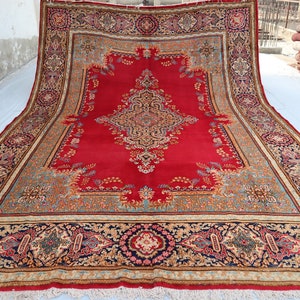 Large 10x13 Turkish Antique Heriz Rug, 300x400 cm Hand Knotted Wool Medallion Rug Red Blue Vintage Oriental Rug, Rug for Living Room Bedroom
