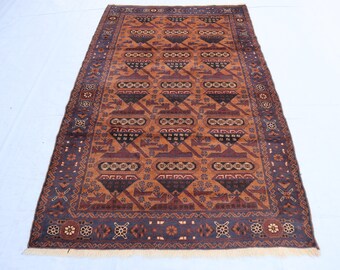 Tappeto antico unico nel suo genere con motivo floreale, 4x6'5 piedi, tappeto vintage Baluchi/tappeto afghano in lana a pelo alto fatto a mano/tappeto orientale turkmeno, tappeto afghano 4x6