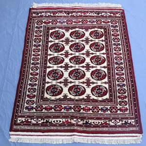 Vintage Turkmen Ersari Rug 3x4 ft Afghan Handmade Wool Rug/ 1970s Antique Rusty Red Beige Rug/ Tribal Area Rug/ Oriental Rug/ Bedroom rugs