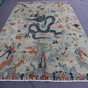 Dragon Rug 6x9 Hand Knotted Chinese Phoenix Rug - Blue Natural Dyes Wool Tree Of Life Rug - Living Room Rug - Pictorial Rug- Boho Home Decor