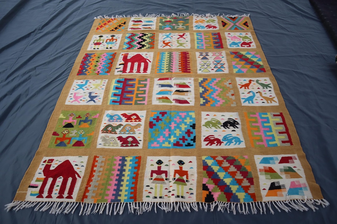 Kilim Fish Rug Pictorial Kilim Rug 4'8x5'8 Ft, Turkmen Antique Handmade Fish Rabbit ...