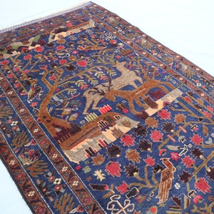 Antique Pictorial 4x7 ft rug Afghan Navy blue Baluchi Rug, Hand-knotted Animal Print Soft Pile rug, Tribal Bohemian Antique Carpet, 4x7 Rugs