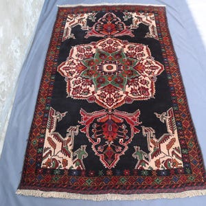 4x6 Black Beige Tribal baluchi Rug- Vintage Floral Area Rug- Afghan Handmade Vege Dyes Wool Area Rug- Antique Rug- Oriental Rug- Bedroom Rug