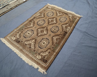 3x5 ft Vintage Afghan Handmade Balochi Rug/ Antique Geometric Caucasian Rug/ Tribal Turkmen Low Pile Wool Neutral Rug/ Kitchen, Office Rug