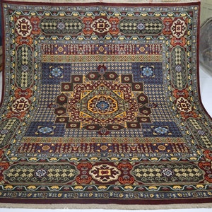 Square Area rug 8x8 ft- Afghan Hand Knotted Soft Wool Medallion Design Turkish Square Rug - Square Mamluk Rug - Dining Table Living Room Rug