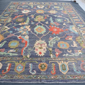 10x14 ( 310x422 cm) Grayish Blue Colorful Premium Hand Knotted Modern Oushak Rug, Natural Veg dyes Wool Floral Turkish Serapi Rug Home decor