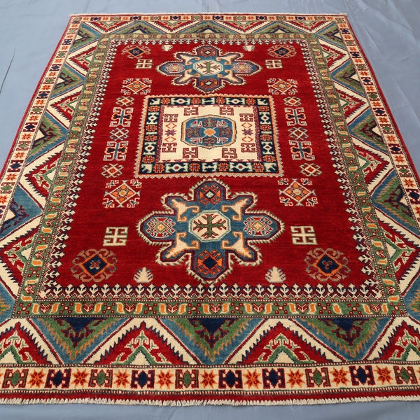 5x7 Afghan Geometric Turkish Style Kazak Rug - High Pile Hand Knotted Natural veg dyes Wool Area Rug - Oriental Rug, Living Room Kitchen Rug