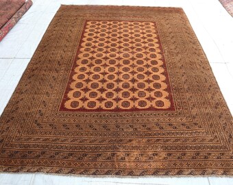 Vintage Area Rug 6'8x8'8 ft Beige Afghan Hand Knotted Wool Area Rug, Turkmen Tribal Ersari Rug, Oriental Rug, Living Room Rug, Farmhouse Rug