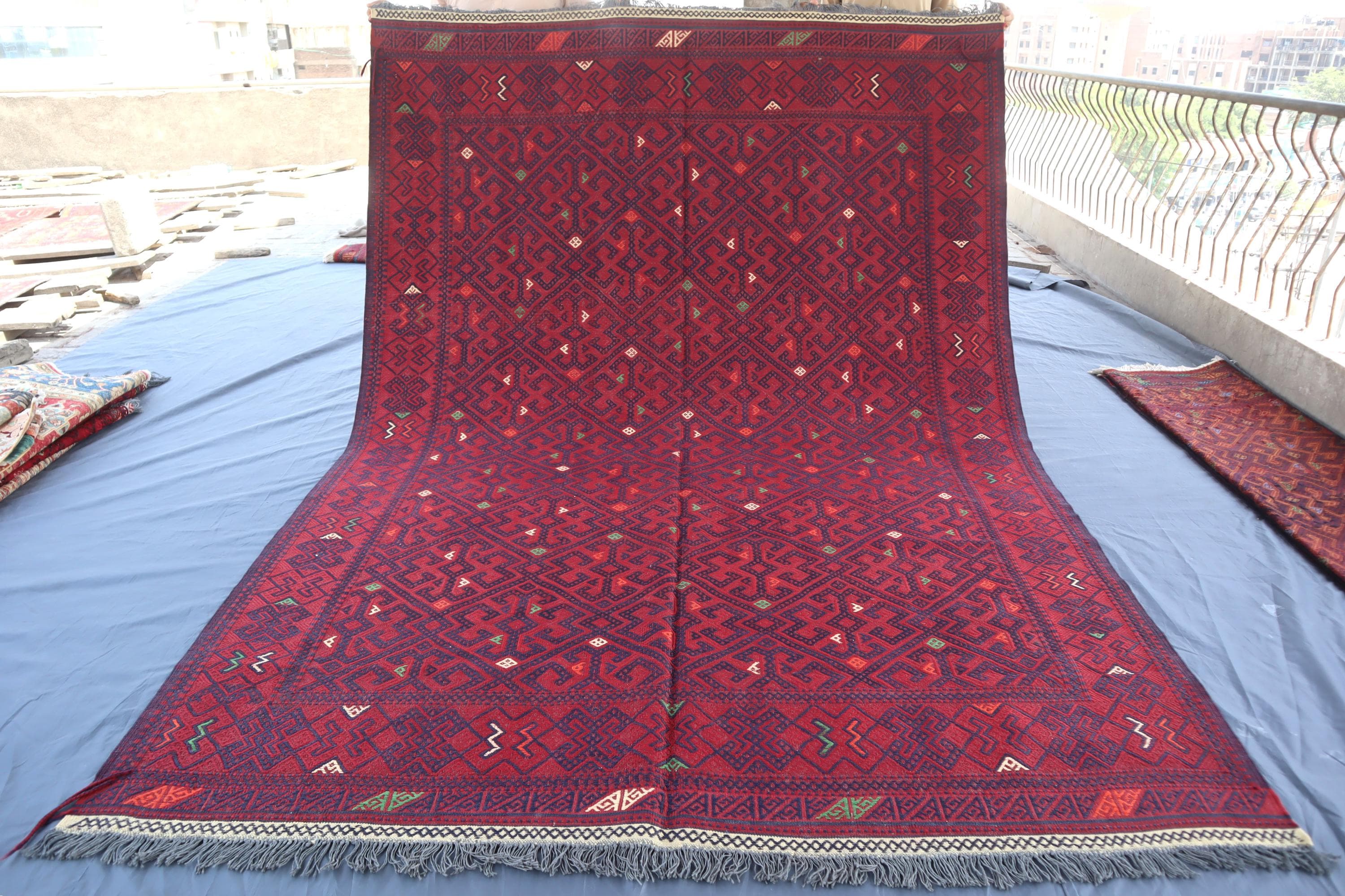 Vintage Afghan Kilim 7x10 Rust Red Antique Faded Flatwoven Rug