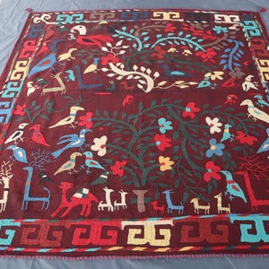 Red Suzani Kilim Rug 5x5 Hand Embroidery Bedspread Suzani, Wall Hanging, Home Decor, suzani embroidery, Suzani table cover, Suzani bedcover