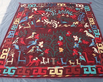 Red Suzani Kilim Rug 5x5 Hand Embroidery Bedspread Suzani, Wall Hanging, Home Decor, suzani embroidery, Suzani table cover, Suzani bedcover