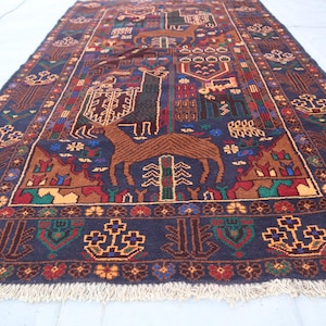 Semi Antique Pictorial rug 3&#39;8x6&#39;8 Afghan Navy blue Tree Of Life Baluch Rug, Hand-knotted High Pile Soft Wool rug, Vintage 4x7 Kitchen Decor