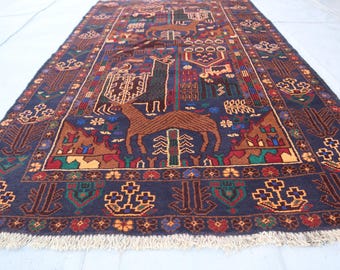 Semi Antique Pictorial rug 3&#39;8x6&#39;8 Afghan Navy blue Tree Of Life Baluch Rug, Hand-knotted High Pile Soft Wool rug, Vintage 4x7 Kitchen Decor