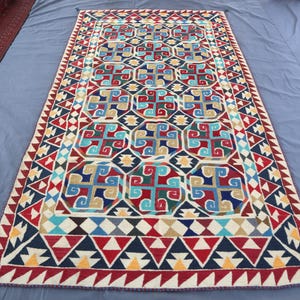 Beige Uzbek Suzani Kilim Rug 5&#39;2x9&#39;8 ft Handmade Suzani Bed Throw, Afghan Vintage Kilim Rug, Turkmen Tribal Rug 5x10 Flatweave Bohemian Rug