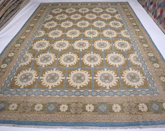 9x12 Beige Blue Khotan Rug, Afghan Hand Knotted Soft Wool Area Rug, Turkmen Tribal Rug, Oriental Afghan Rug, Turkish Mamluk Rug, Bedroom Rug