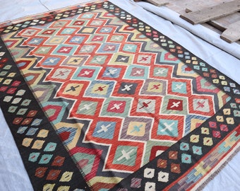 6x8 ft Afghan Kilim Area Rug/ Red Turquoise Green Purple Authentic Kilim Veg dyes Wool rug/ Rug for Living room/ bedroom rug Traditional rug