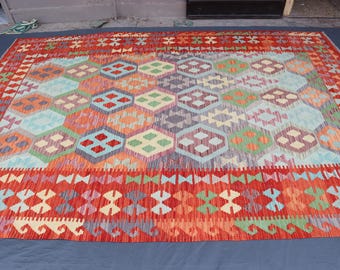 7 x 10 karpet, groot Afghaans platgeweven vloerkleed, roestrood authentiek platgeweven vloerkleed, geometrisch ontwerp woonkamertapijt, oosters Turkmeens stamtapijt