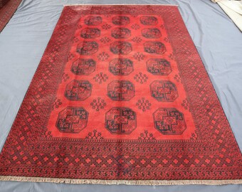 Vintage Area rug 6'4x9'4 ft Large Handmade Wool Area rug, Oriental Turkmen Tekke rug, Tribal Afghan Rug, Bedroom, Living Room Rug, Area Rug