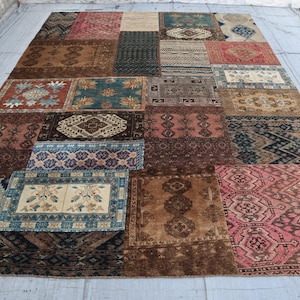 9x12 Patchwork Rug, Gray Beige Afghan Handmade Wool Multi Design Bokhara Rug, Oriental Rug, Bedroom Rug, Dining Table Rug, Office Carpet