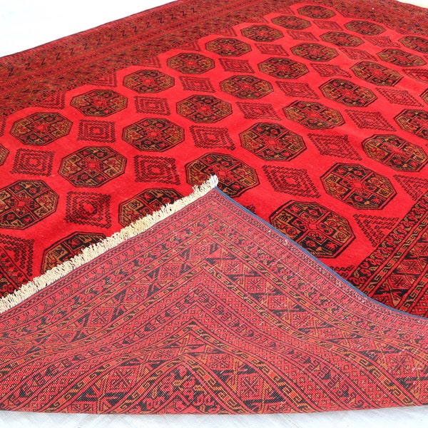 6'5x9'0 ft Antique Afghan Area Rug/ Handmade Wool Rustic Red Soft Rug/ Oriental Rug/ Vintage Turkmen Famous design Ersari Rug-Saloon Rug 6x9